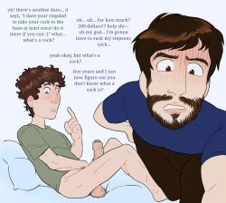 2boys 2d asking_question bed bed_sheet big_penis blush blush_lines blushing_male bottomless brown_eyes brown_hair camera_pov camera_view confused dare darkened_genitalia digital_drawing_(artwork) digital_media_(artwork) donation donation_alert dubious_consent embarassed embarassed_male flushed_face giving_money green_eyes hairy_balls huge_cock imminent_incest imminent_oral imminent_sex innocent looking_at_viewer looking_into_camera male male/male male_focus male_only mr_shrink naive older_male original original_character pillow recording reluctant reluctant_compliance reluctant_sub step-incest stream_donation streaming unwanted unwanted_incest younger_dom_older_sub younger_male