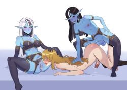 blonde_hair blue_body blue_skin blush chivalry_starved commission cuckold cuckold_pov elf elf_ears elf_female elf_femboy femboy femboy_on_male game licking_pussy lingerie netorare on_bed pale_skin pov pov_eye_contact red_eyes surprised surprised_expression threesome