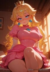 2025 ai_generated anime bangs blonde_hair blue_eyes blush breasts cleavage closed_mouth crossover crown dress earrings elbow_gloves eye_contact female female_focus flushed gloves handwear highres huge_breasts indoors inside jewelry large_breasts lips long_hair looking_at_viewer makeup mario_(series) neutral_expression nintendo nsfw patreon patreon_username pink_dress princess_peach puffy_short_sleeves puffy_sleeves rognezart short_sleeves sitting smile smiling solo sunlight super_mario_bros. thick_thighs thighs very_long_hair white_gloves window