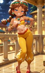 ai_generated blue_eyes brown_hair earings harem_outfit harem_pants head_jewelry high_heels mario_(series) mario_kart mario_kart_world nintendo oasis_girl one_breast_out oriental posing_for_the_viewer princess_daisy princess_daisy_(oasis) smiling super_mario_land tan_body tan_skin touching_breast