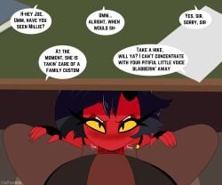 absurd_res age_difference daughter_(lore) demon desk dialogue duo english_text father_(lore) father_and_child_(lore) father_and_daughter_(lore) fellatio female female_focus furniture genitals hellaverse helluva_boss hi_res imp incest_(lore) inprogress inside joe_(helluva_boss) looking_at_viewer male male/female millie_(helluva_boss) oral parent_(lore) parent_and_child_(lore) parent_and_daughter_(lore) penile penis sex stealth_sex sucking table text