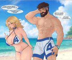 beach beach_background beard big_boobs big_breasts bikini blonde_hair blue_eyes blush blushing boobs breasts brown_eyes brown_hair earings escriba fantastic_four invisible_woman invisible_woman_(marvel_rivals) marvel marvel_comics mr_fantastic_(marvel_rivals) ocean reed_richards shorts sue_richards sue_storm