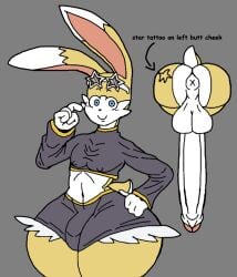 1femboy 2-ban_(artist) 2d anus big_ass big_balls big_penis big_thighs blue_eyes blush blush_lines bulge_through_clothing bunny bunny_boy bunny_ears bunny_tail clothing comic_sans femboy gala_the_bunny_(2-ban) glasses_on_head grey_background looking_at_viewer nipples_visible_through_clothing oc original_character star star_(symbol) star_glasses tagme tattoo_on_butt text yellow_fur