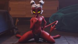 3d_(artwork) blender bulge demon helluva_boss hooves imp licking_finger male moxxie_(helluva_boss) moxxie_(valorlynz) on_knees partially_clothed red_skin strikefrommidnight tail thong tongue_out