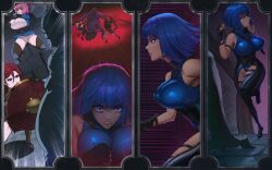 1monster 1other 3girls big_breasts blue_eyes blue_hair breasts cameltoe dark-skinned_female elazra_(limgae) erect_nipples erect_nipples_under_clothes grey_body grey_skin hammer hi_res high_resolution highres knife limgae marga_(limgae) monster nipples original panties pink_hair red_hair rosalie_(limgae) shield skirt underwear weapon white_panties white_underwear