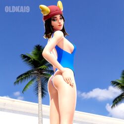 3d 3d_(artwork) ass beach beanie beanie_hat bedroom_eyes bikini breasts brown_hair brown_hair_female fortnite hand_on_ass hourglass_figure hourglass_figured_female looking_down looking_down_at_self oldkai9 one-piece_swimsuit petite petite_body petite_female shiny shiny_skin short_hair short_hair_female skye_(fortnite) smile smiling smiling_at_self watermark