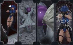 ! 1girls 1monster 1other 4koma blue_eyes blue_hair breasts bukkake cameltoe comic covering cum dark-skinned_male dark_skin ejaculation elazra_(limgae) erect_nipples erect_nipples_under_clothes female glans grey_body grey_penis grey_skin hi_res high_resolution highres limgae nipples open_mouth original pubic_hair purple_glans surprised uncensored unusual_cum unusual_penis