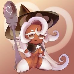 bandage big_breasts brown_eyes cloak cookie cookie_run_kingdom exposed_pussy gloves hat heart latte_cookie_(cookie_run) long_hair presenting_pussy pussy showing_pussy socks solo_female spoon thick_thighs white_hair witch_hat