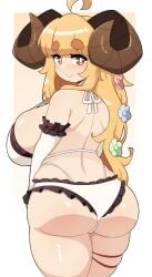 1girls ahoge anila_(granblue_fantasy) anila_(summer)_(granblue_fantasy) ass big_breasts big_horns bikini blonde_hair curved_horns draph draph_race_(granblue_fantasy) eyebrows_visible_through_hair female female_only flower_in_hair frilled_bikini frills granblue_fantasy hi_res horns j5daigada long_hair looking_at_viewer looking_back looking_back_at_viewer rear_view smiling smiling_at_viewer solo thick_ass thick_eyebrows thick_thighs yellow_eyes