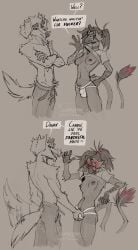 2025 absurd_res antietam_(remanedur) biped blushing_profusely breasts bulge bulge_grab canid canine canis collar dialogue digital_media_(artwork) dinosaur domestic_dog duo english_text feathered_dinosaur feathered_scalie feathers flashing flashing_breasts grin gynomorph gynomorph/male hi_res intersex intersex/male male mammal nipples prehistoric_species profanity reptile scalie scottie_(scottieman) scottieman scottish_accent smile speech_bubble surprised text