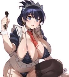 apron arato_nagi between_breasts bikini black_bikini black_hair black_thighhighs bow_(bhp) breasts covered_erect_nipples detached_collar earrings female folded_ponytail hammer heart heart_earrings highres jewelry lace lace-trimmed_thighhighs lace_trim large_breasts long_hair maid maid_bikini maid_headdress nagi_arato necktie necktie_between_breasts red_necktie ruri_no_houseki swimsuit thighhighs unconventional_maid waist_apron wrist_cuffs