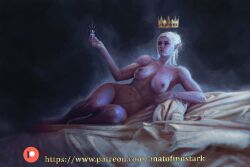 1girls anato_finnstark baldur's_gate baldur's_gate_3 bed breasts crown drow dungeons_and_dragons medium_breasts minthara naked naked_female nipples nude nude_female pointy_ears purple_skin solo solo_female tied_hair white_hair