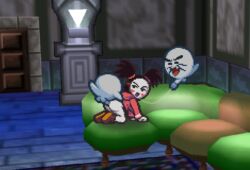 1girls accurate_art_style annoyed_expression bandit_(mario) black_hair blush boo_(mario) bottomless cum_string doggy_style fake_screenshot lisnotsfw mario_(series) mask nintendo paper_mario pixel_art sadie_(genocity) threesome twintails vaginal_penetration white_skin