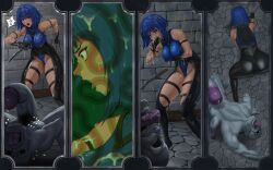 1girls 1monster 1other 4koma all_fours anger_vein angry ass blue_eyes blue_hair breasts bukkake comic covering cum dark-skinned_male dark_skin ejaculation elazra_(limgae) erect_nipples erect_nipples_under_clothes female glans grey_body grey_penis grey_skin hi_res high_resolution highres limgae nipples open_mouth original pubic_hair purple_glans smell surprised uncensored unusual_cum unusual_penis vomit