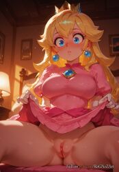 2025 ai_generated anime bangs bed blonde_hair blue_eyes blush breasts cleavage clitoris clothes_lift commando crossover crown dress dress_lift earrings elbow_gloves explicit eye_contact eyelashes female female_focus flushed gloves handwear highres huge_breasts indoors inside jewelry lamp large_breasts lifted_by_self lips long_hair looking_at_viewer makeup mario_(series) mini_crown nintendo no_panties nsfw on_bed patreon patreon_username pink_dress pink_lips princess_peach puffy_short_sleeves puffy_sleeves pussy rognezart short_sleeves sitting solo spread_legs spread_pussy super_mario_bros. thick_thighs thighs uncensored very_long_hair white_gloves