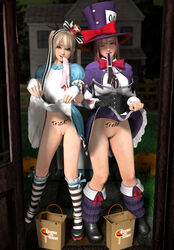 2girls 3d alice_in_wonderland alice_liddell blonde_female blonde_hair blue_eyes body_writing bottomless candy_bag clothed clothing cosplay costume crossover dead_or_alive dead_or_alive_5 female female_only hair_ribbon halloween halloween_costume hat honoka_(doa) long_hair looking_at_viewer lvl3toaster mad_hatter marie_rose mouth_hold panties panties_in_mouth petite pink_eyes pink_hair presenting_pussy pussy skirt_lift striped_legwear twintails wink xnalara