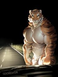 1boy ai_art ai_generated anthro bara bara_tiddies bara_tits biceps big_biceps big_muscles big_pecs car_interior felid feline fluffy fur furry gay goonerism grass highway light looking_at_viewer male meme meme_reference muscles muscular muscular_male neck_tuft night orange_fur outdoors patreon pecs penis_peek pubic_tuft road self_upload serious solo staring striped striped_body striped_fur tail tiger veiny_muscles watermark yaoi yellow_eyes