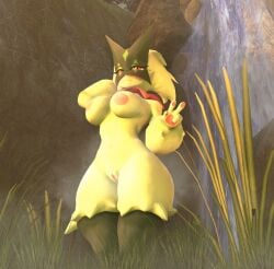 1girls alternate_version_available breasts cape closed_mouth ear female female_only furry furry_ears furry_female furry_only garry's_mod girl green_body green_fur green_hair hair lisedoub looking_at_viewer medium_breasts meowscarada nipples pink_eyes pink_fur pink_nipples pokemon smile smile_at_viewer standing sweat two_fingers_up visible_nipples visible_pussy water waterfall