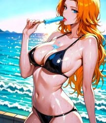 1girls ai_generated anime anime_girl arczisan babe bangs beautiful_background belly_button black_bikini bleach bleach:_the_thousand-year_blood_war blue_eyes busty_female curvy digital_media_(artwork) dripping horizon ice_cream large_breasts licking lovely matsumoto_rangiku orange_hair popsicle posing sea sexy shinigami stable_diffusion sunset trail upper_body voluptuous_female water waves