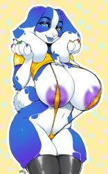 5:8 alternate_species anthro areola big_breasts biped blue_body blue_eyes blue_fur breasts clothed clothing eyelashes female fur hi_res huge_breasts lagomorph legwear leporid looking_at_viewer mammal niis nipples nisha_(bluedingo) one-piece_swimsuit pupils rabbit skimpy sling_bikini smile solo swimwear thick_thighs thigh_highs white_body white_fur