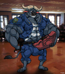 1boy anthro big_muscles big_penis bovine buffalo chief_bogo clothing disney huge_cock male male_only mammal muscular penis rackun solo torn_clothing zootopia