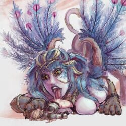 big_breasts black_claws black_sclera blonde_highlights blue_body blue_feathers blue_hair bodily_fluids breasts brown_body brown_fur capcom claws cunnilingus dragon's_dogma duo feather_hair feathered_wings feathers felid female female/female fur genitals hair highlights_(coloring) human humanoid jewelry larger_female mammal mythological_creature mythological_sphinx mythology nipple_outline open_mouth oral orange_eyes pale_skin pinned pinned_to_ground pseudo_hair purple_body purple_feathers saliva sex simple_background size_difference snowyfeline sphinx_(dragon's_dogma) tongue tongue_out vaginal_penetration vulva white_background wings