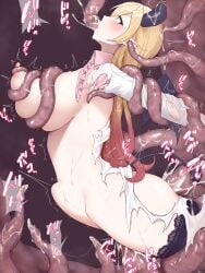 absurdres anal black_horns black_tail black_thighhighs black_wings blonde_hair blue_eyes blush bound breasts cowboy_shot cum demon_girl demon_horns demon_tail demon_wings ear_sex eyelashes fellatio female from_side fukuiii0110 grabbing_another's_breast groping head_back highres hololive horns lab_coat large_breasts long_hair nipples oral pink_shirt pointy_ears profile restrained shirt slimy solo stomach_bulge tail tentacle tentacle_between_breasts tentacle_in_mouth tentacle_sex thighhighs tied_up_(nonsexual) torn_clothes torn_coat torn_shirt triple_penetration vaginal_penetration virtual_youtuber wings yuzuki_choco yuzuki_choco_(1st_costume)