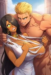 1boy 1girls ai_generated arab arabian arabian_female big_breasts brown_skin farah gigantic_breasts huge_breasts imminent_rape imminent_sex legend_of_queen_opala milf muscular_male ripped_clothing
