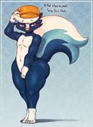 1boy 2d animal_crossing bitfly blue_body blue_fur blush clothes clothing covering_crotch embarrassed femboy furry furry_only girly hat headwear kicks_(animal_crossing) looking_embarrassed male male_only mephitid naked nintendo no_genitals no_pants no_sex nonhuman nude skunk skunk_tail solo solo_male standing talking talking_to_viewer text thick_thighs