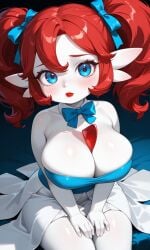 1female 1girls ai_generated big_breasts blue_eyes blush bow bow_tie bowtie breasts cleavage crest dress eyelashes female female_focus female_only freckles freckles_on_face gardevoir gardevoir_(cosplay) hands_on_lap lips lipstick pixai pokemon poppy_(poppy_playtime) poppy_playtime red_hair red_lips red_lipstick ribbons shiny_pokemon short_stack shortstack sitting sitting_down twintails urikoito white_body white_skin