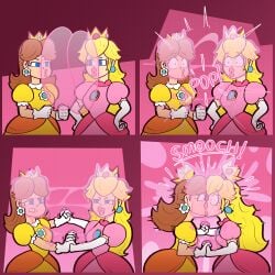 2d 2d_(artwork) 2d_artwork 2girls accidental_kiss accidentally_gay blonde_hair blonde_hair_female blowing_bubble_gum blue_eyes blue_eyes_female brown_hair brown_hair_female bubble_gum comic contest crown digital_drawing_(artwork) digital_media_(artwork) dress duo duo_female duo_focus female female_focus female_only kissing lesbian_kiss long_hair long_hair_female mk210 mwah nintendo panels pink_dress pop_(sound_effect) princess princess_daisy princess_peach smooch sticky stretching stuck_together super_mario_bros. yellow_dress