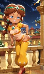 ai_generated blue_eyes breasts_out brown_hair earings harem_outfit harem_pants head_jewelry high_heels looking_at_viewer mario_(series) mario_kart mario_kart_world nintendo oasis_girl oriental princess_daisy princess_daisy_(oasis) sexy_pose super_mario_land tan_body tan_skin undressing