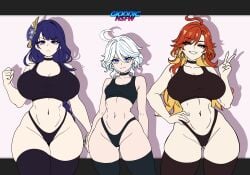 3girls angry ashamed big_ass big_boobs big_breasts bikini blue_eyes embarassed fit_female furina_(genshin_impact) genshin_impact gionnic_art gionnic_art_(artist) gionnics hoyoverse mavuika_(genshin_impact) raiden_shogun red_eyes red_hair small_breasts smaller_female smile socks solid_color_background sports_bikini sports_bra sports_panties thighs thighs_bigger_than_head violet_eyes violet_hair watermark white_hair