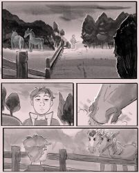 2022 animal_genitalia animal_penis balls barely_visible_genitalia clothed clothing comic digital_media_(artwork) equid equine equine_genitalia equine_penis fence feral four_frame_image genitals group hi_res horse human jacket male male/male mammal monochrome multiple_scenes outside penis plant snort topwear transformation transformation_sequence tree trio zoba_(artist)