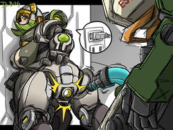 2d 4_fingers bastion_(overwatch) big_breasts blizzard_entertainment blonde_hair blush breasts dr.bug duo female inviting living_machine looking_back machine male mammal omnic orisa overwatch penis presenting presenting_pussy pussy robot speech_bubble taur yellow_eyes