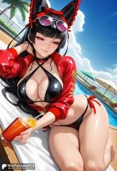 ai_generated bangs barefoot beach bikini black_bikini black_hair blue_sky blunt_bangs bow breasts choker cleavage cloud criss-cross_halter cup day drinking_glass eyewear_on_head female fruit gate_-_jieitai_ka_no_chi_nite_kaku_tatakaeri hairbow halterneck high_resolution highres jacket large_breasts lips long_hair looking_at_viewer lying ocean on_side open_jacket orange_slice outdoors red_bow red_eyes red_jacket rory_mercury shiny shiny_skin side-tie_bikini_bottom sky smile solo stable_diffusion sunglasses swimsuit thighs tree umbrella waifuscans418