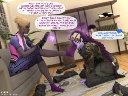 2girls artist_name baldur's_gate_3 blonde_hair costume costume_swap costume_switch crossover dominatrix drow dungeons_and_dragons earlpedibus english english_text female female_only femdom foot_fetish footwear hands_and_knees heart heart_symbol hypnosis magic mind_control minthara outfit outfit_swap overwatch patreon patreon_logo patreon_username pierced_ears piercing pointy_ears purple_eyes purple_skin shoes shoes_removed smelling_feet sniffing sniffing_feet sniffing_socks socks spell twitter_logo twitter_username widowmaker widowmaker_(cosplay)