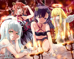 4girls angel angel_and_devil angel_wings artist_request bed black_hair blonde_hair blue_eyes blush breasts burning_candles candelabra candles come_hither cross_hair_ornament demon demon_girl demon_wings gabriel_dropout hair_ornament hallelujah_essaim halo highres horns kurumizawa_satanichia_mcdowell large_breasts midriff multiple_girls navel one_eye_closed purple_eyes red_eyes red_hair seductive_smile shiraha_raphiel_ainsworth sideboob small_breasts smile tenma_gabriel_white tsukinose_vignette_april white_hair wings yellow_eyes