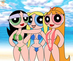 2016 3girls aged_up beach bigtyme bikini black_hair blonde_hair blossom_(powerpuff_girls) blue_bikini blue_eyes breasts bubbles_(powerpuff_girls) buttercup_(powerpuff_girls) cartoon_network eyelashes female female_only green_bikini green_eyes hyper_eyes light-skinned_female light_skin lipstick long_hair looking_at_viewer micro_bikini older orange_hair outdoors pale-skinned_female pale_skin pink_eyes ponytail powerpuff_girls red_bikini sling_bikini standing swimsuit teen theedministrator765 thong thong_bikini twintails