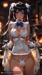 ai_generated black_hair blue_bow blue_eyes blue_string bulge bulge_through_clothing bulge_under_clothes cleavage danmachi dungeon_ni_deai_wo_motomeru_no_wa_machigatteiru_darou_ka flaccid flaccid_penis futa_bulge futa_only futanari hestia_(danmachi) lifting_dress manofmidas thong waifu white_dress white_thong