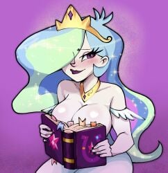 # book_covering_breasts breasts crown equestria_girls female hasbro looking_at_viewer my_little_pony princess_celestia_(mlp) shy_smile woman_only