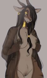 2025 5_fingers absurd_res antelope anthro areola big_breasts biped black_hair bottomless bottomless_anthro bottomless_female bovid breasts brown_body brown_fur clothed clothed_anthro clothed_female clothing countershade_torso countershading digital_drawing_(artwork) digital_media_(artwork) ear_piercing facial_piercing female fingers front_view fur gazelle genitals hair hi_res horn inner_ear_fluff looking_aside mammal navel nipple_piercing nipples nose_piercing open_mouth partially_clothed partially_clothed_anthro partially_clothed_female piercing simple_background solo striped_body striped_fur stripes teeth topwear topwear_only translucent translucent_clothing translucent_topwear tuft veliren_rey vulva