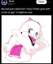 2025 2_horns 3_toes 4_fingers anthro anus ass backsack balls black_border black_text blush blush_lines border bovid caprine clothing deltarune english_text eyewear feet fingers floppy_ears fur genitals glasses goat grey_text hand_on_butt horn kris_(deltarune) looking_back lying male mammal meme on_front on_pillow open_mouth pawfless pawpads paws pillow pink_horn pink_pawpads pink_scarf presenting presenting_hindquarters ralsei round_glasses scarf shirt short_tail simple_background social_media solo tail text toes topwear tunic tweet twitter undertale_(series) wearing_glasses white_background white_body white_fur white_text