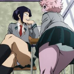 2girls ai_generated aibooby ass big_ass black_sclera female female_focus female_only kyoka_jiro mina_ashido my_hero_academia panties pink_hair pink_skin purple_hair school_uniform smile thick_thighs thighs voyeur yellow_eyes