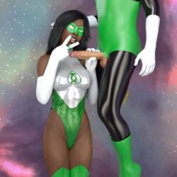 1boy 1girls black_hair black_skinned_female cock_out dc dc_comics flying grabbing_cock green_lantern green_lantern_(series) green_lantern_corps hal_jordan hero_costume knockkale mostly_clothed oc oc_x_canon original_character power_ring space student_and_teacher tongue_out white_skinned_male