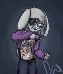anthro blood blood_on_clothing bodily_fluids boxcutter breasts clothed clothing clothing_lift cutting cutting_self eye_bags eye_patch eyewear female fur hi_res lagomorph leporid mammal manyanz nipples oversized_clothing piercing purple_nipples purple_tongue rabbit scut_tail self-harm shirt shirt_lift short_tail small_breasts smile smiling_at_viewer tail tongue tongue_out topwear white_body white_fur wounded