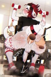 absurd_res anthro anus ass balls big_butt blush bodily_fluids bovid caprine clothed clothing cum drunkrussianman erection exercise footwear genital_fluids genitals goat gym hair half_naked hi_res horn humanoid_genitalia legwear looking_back male mammal penetration penis solo sweat tail thick_thighs topwear white_body workout