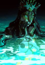 anthro bracelet brown_body brown_fur brown_hair claws crown dark_hair darkness fangs felid feline female finger_claws fish fur gem glowing glowing_eyes green_eyes hair headgear hi_res hybrid jewelry mammal marine markings necklace nipple_outline nipples pearl_(gem) pearl_necklace portrait pseudo_hair pupils road~abelgeym sea shell slit_pupils solo solo_focus spots spotted_body spotted_fur teeth tentacle tentacle_hair water wet wet_hair whiskers