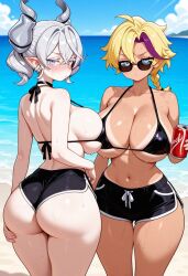 2girls abdomen ai_generated ass beach beach_background bikini bikini_top blair_incognita blonde_hair blush clavkiys_the_magikey_skyblaster closed_mouth demon demon_girl duel_monster female grabbing grabbing_ass human labrynth_of_the_silver_castle looking_at_viewer looking_back lovely_labrynth_of_the_silver_castle ponytail princess rule_63 silver_eyes silver_hair sweat tanned tanned_female tanned_skin voluptuous yu-gi-oh!