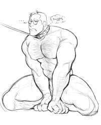 abs bara bara_tits barazoku big_pecs chest_hair chubby coke_enjoyer collar covering_crotch crouching dilf dog_collar glasses grumpy hairy_male huge_pecs kneeling_on_ground large_pectorals leash leg_hair medic_(team_fortress_2) muscular muscular_male nude older_male petplay puffy_nipples russian_text spread_legs strongfat submissive_male team_fortress_2